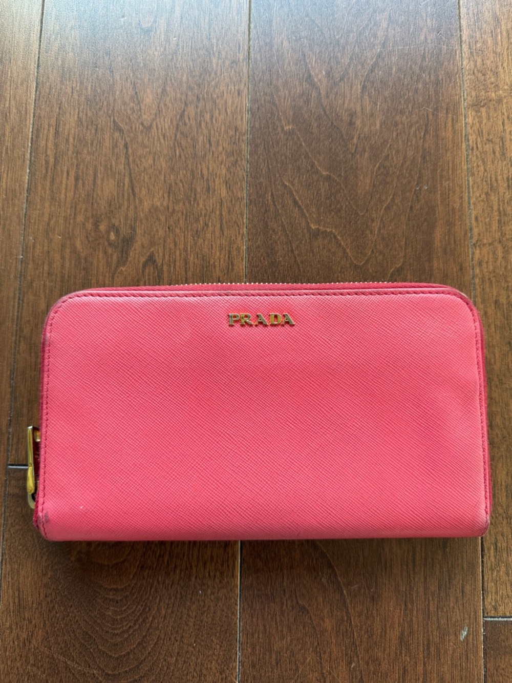 Prada Pink Saffiano Zip Wallet with Gold Hardware